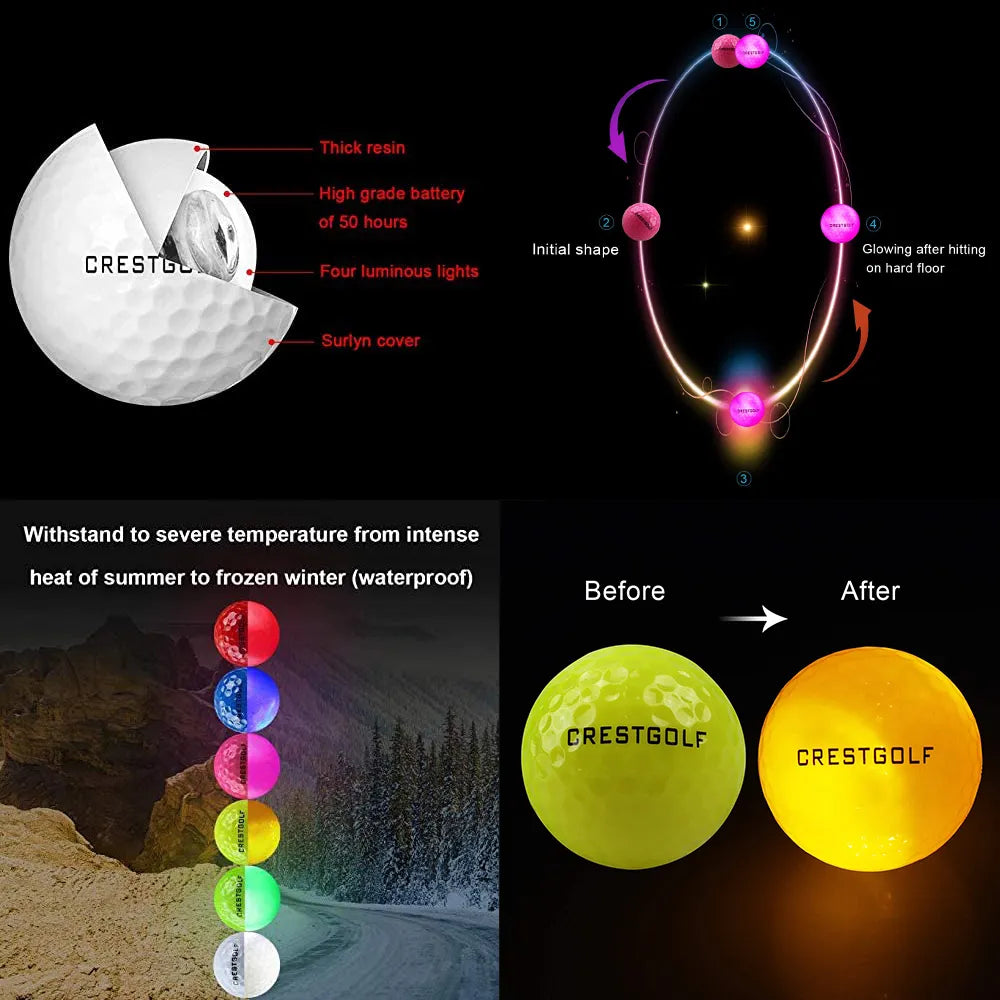 Crestgolf LED Golf Balls for Night Glow in The Dark Golf Ball Super Bright Six Color for Your Choice Best Golf Gift for Golfers